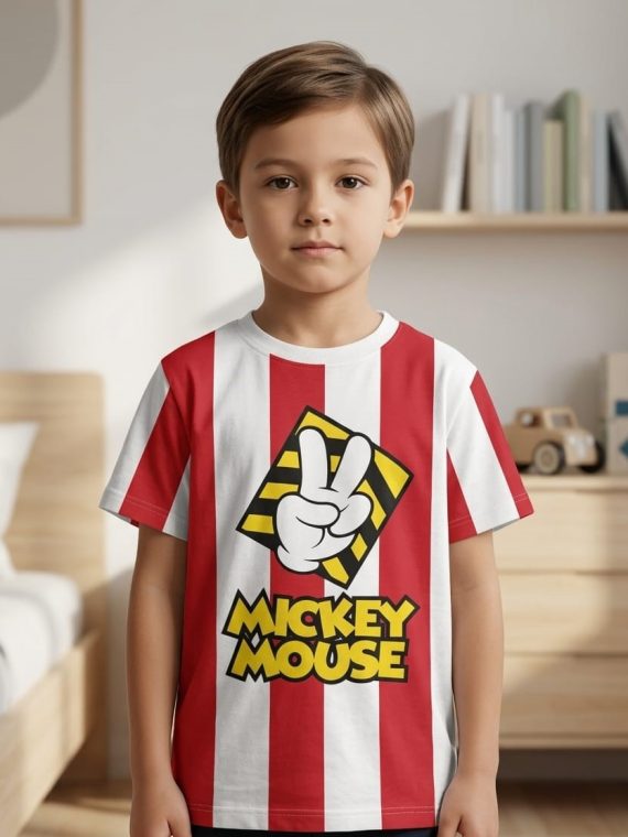 Boys' Mickey Mouse Retro Stripe Tee – Red & White Graphic T-Shirt