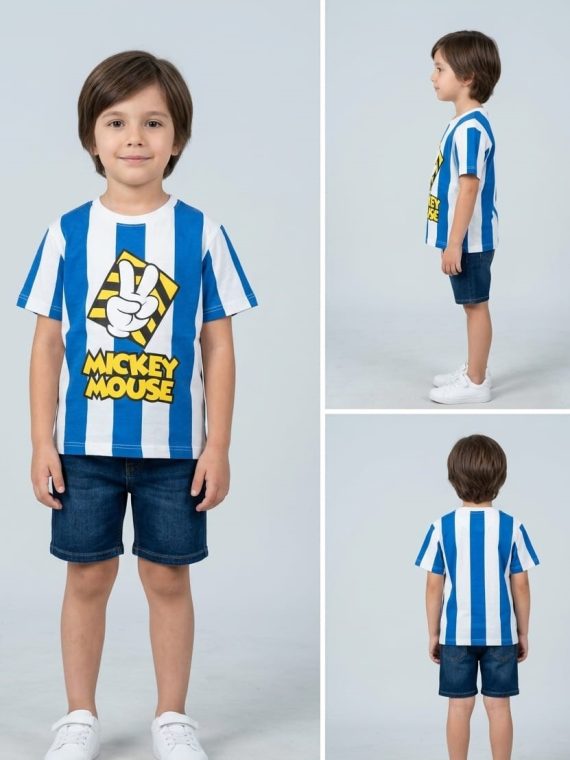 Boys' Mickey Mouse Retro Stripe Tee – Red & White Graphic T-Shirt