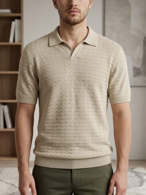 Men’s Old Money Knit Polo – Sand Beige Textured Finish