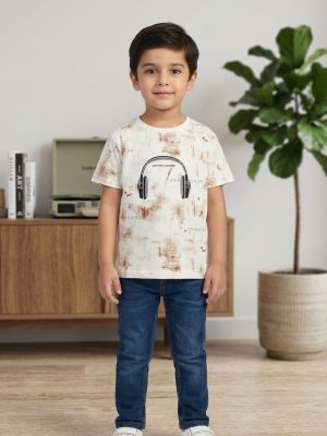 Boys Headphone Graphic Tee – Off-White & Rust