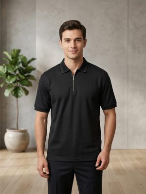 Men's Textured Diamond-Weave Quarter-Zip Polo - Sleek Black