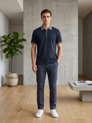 Men's Tipped Rib Quarter-Zip Polo Shirt - Navy Blue