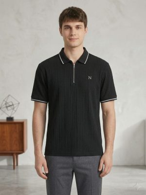 Men's Vertical Ribbed Quarter-Zip Polo Shirt – Black