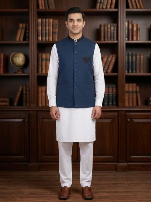 "STYLISH" Premium Navy Blue Embroidered Waistcoat